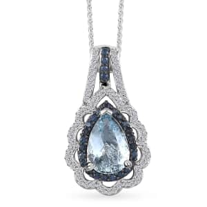 Premium Mangoro Aquamarine and Multi Gemstone Pendant Necklace 20 Inches in Platinum Over Sterling Silver 2.30 ctw