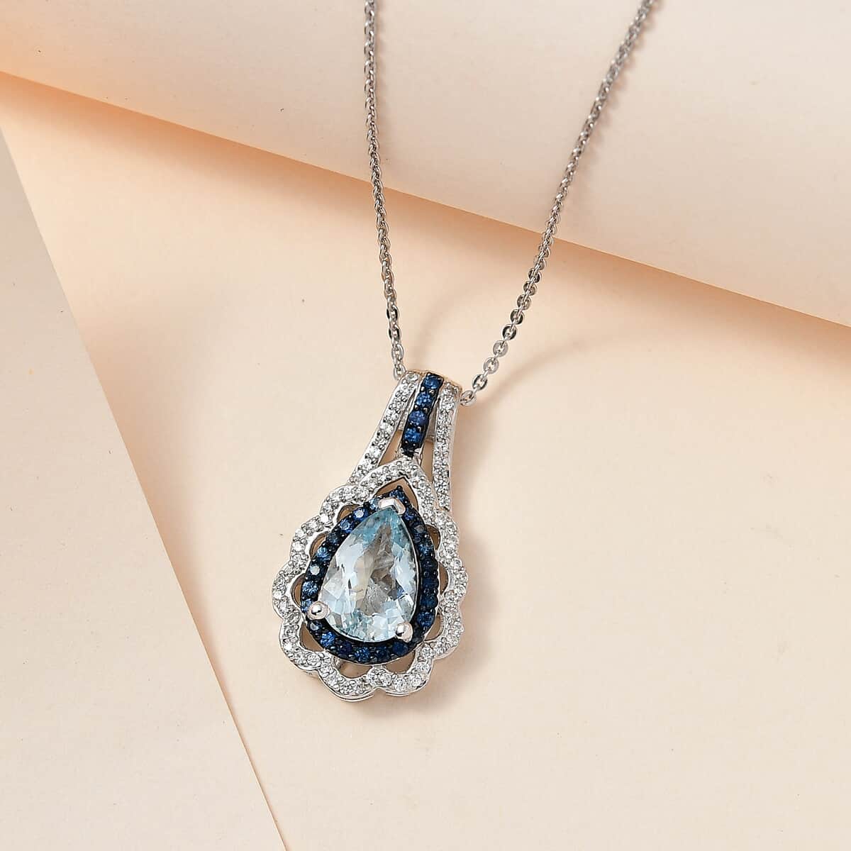 Premium Mangoro Aquamarine and Multi Gemstone Pendant Necklace 20 Inches in Platinum Over Sterling Silver 2.30 ctw image number 1