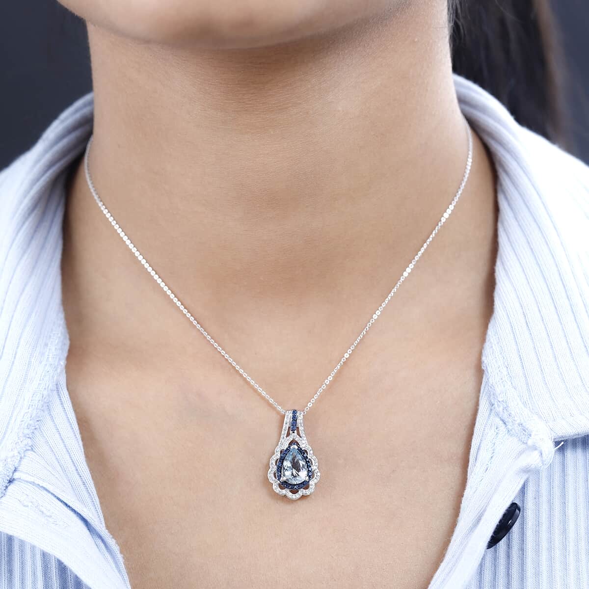 Premium Mangoro Aquamarine and Multi Gemstone Pendant Necklace 20 Inches in Platinum Over Sterling Silver 2.30 ctw image number 2