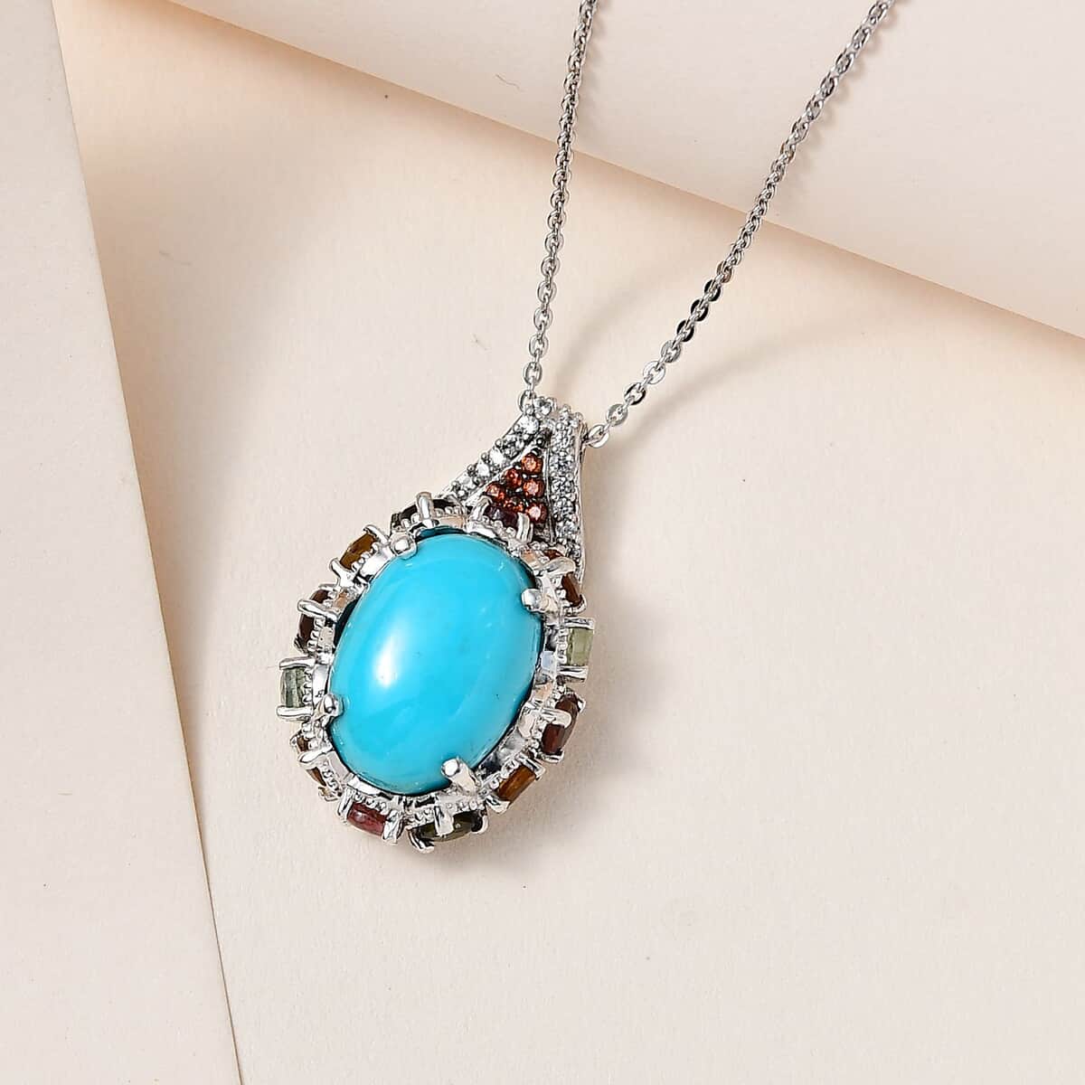 Premium Sleeping Beauty Turquoise and Multi Gemstone Pendant Necklace 20 Inches in Platinum Over Sterling Silver 6.80 ctw image number 1