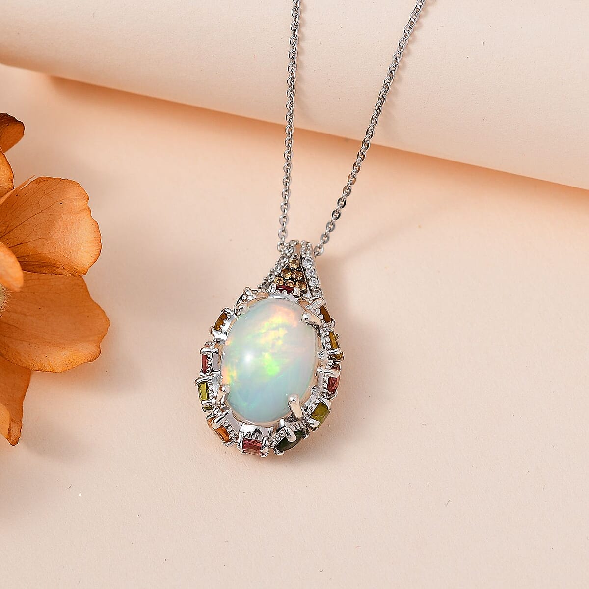 Premium Ethiopian Welo Opal and Multi Gemstone Pendant Necklace 20 Inches in Platinum Over Sterling Silver 5.85 ctw image number 1