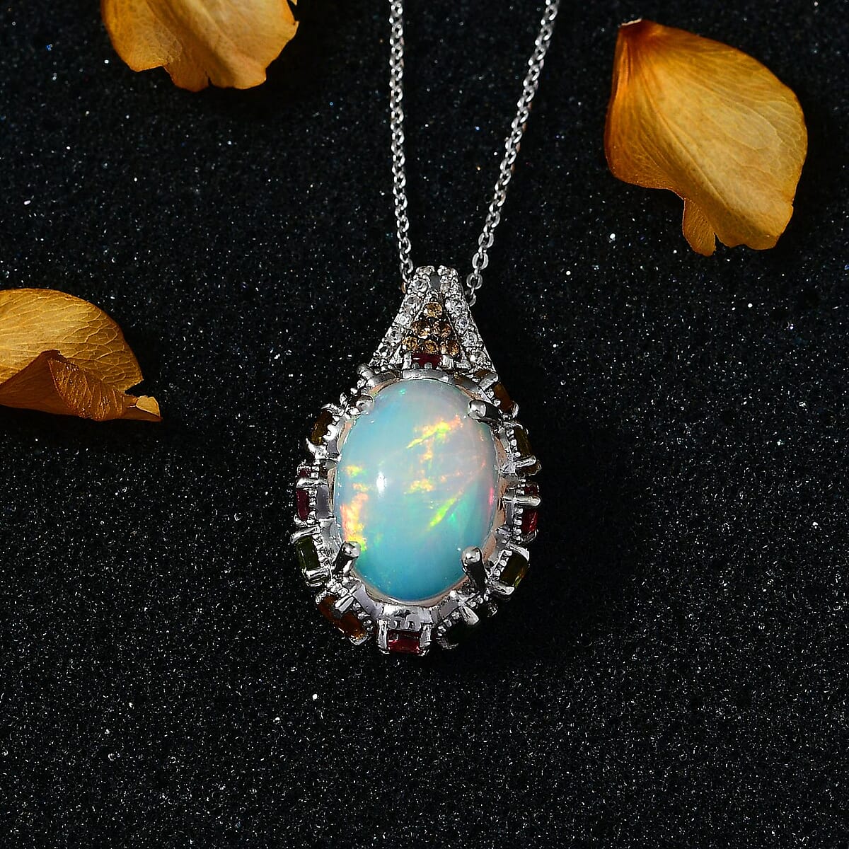 Premium Ethiopian Welo Opal and Multi Gemstone Pendant Necklace 20 Inches in Platinum Over Sterling Silver 5.85 ctw image number 2