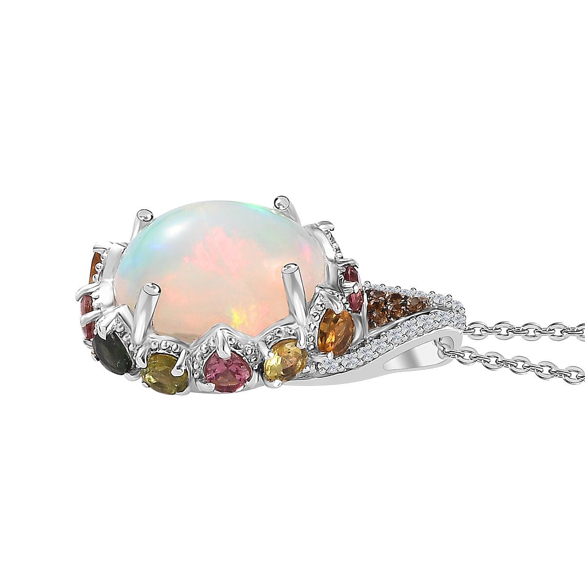 Premium Ethiopian Welo Opal and Multi Gemstone Pendant Necklace 20 Inches in Platinum Over Sterling Silver 5.85 ctw image number 4