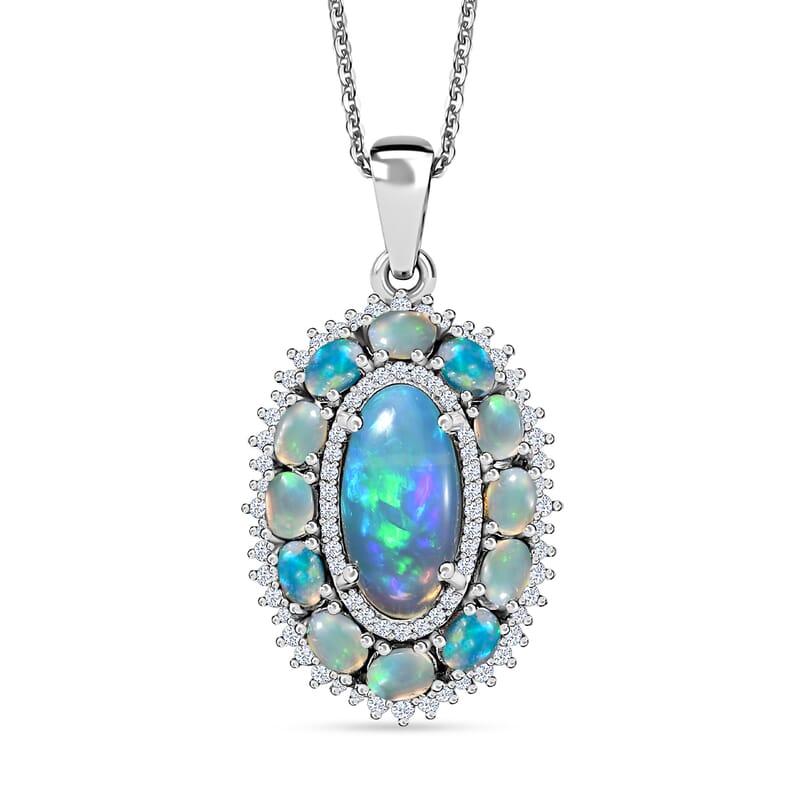 Premium Ethiopian Welo Opal and White Zircon Pendant Necklace 20 Inches in Platinum Over Sterling Silver 4.50 ctw