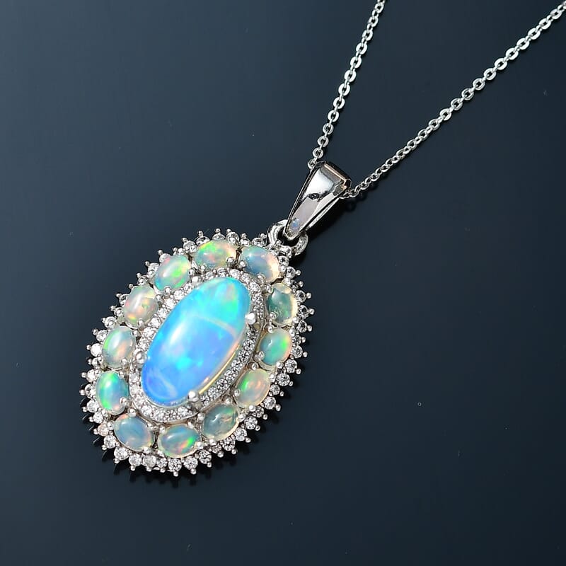 Premium Ethiopian Welo Opal and White Zircon Pendant Necklace 20 Inches in Platinum Over Sterling Silver 4.50 ctw