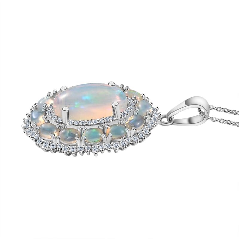 Premium Ethiopian Welo Opal and White Zircon Pendant Necklace 20 Inches in Platinum Over Sterling Silver 4.50 ctw
