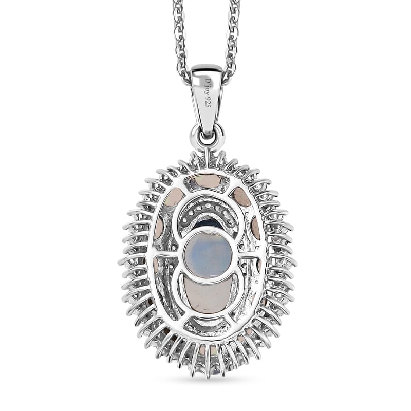 Premium Ethiopian Welo Opal and White Zircon Pendant Necklace 20 Inches in Platinum Over Sterling Silver 4.50 ctw