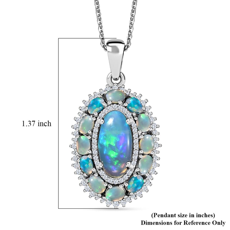 Premium Ethiopian Welo Opal and White Zircon Pendant Necklace 20 Inches in Platinum Over Sterling Silver 4.50 ctw