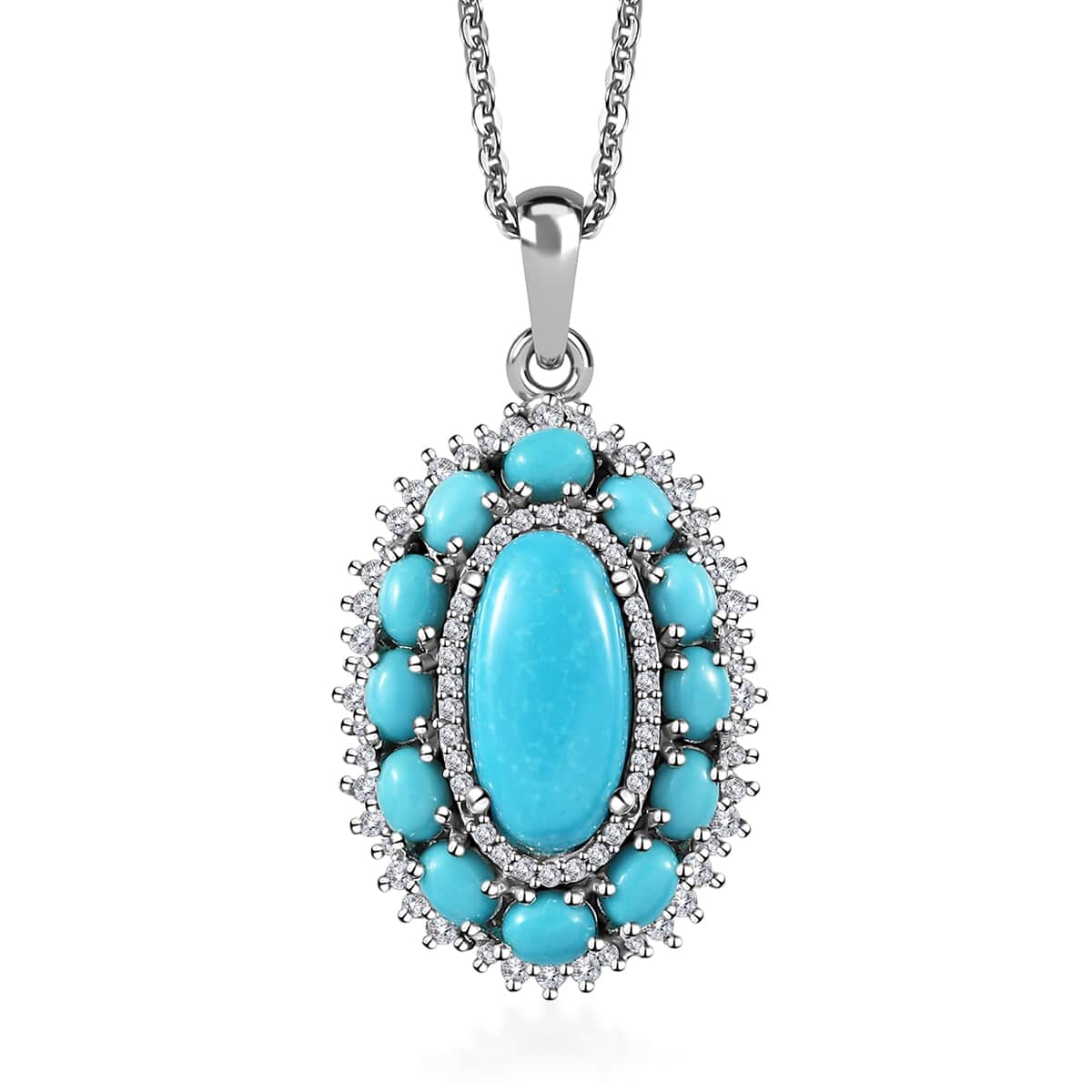 Premium Sleeping Beauty Turquoise and White Zircon Pendant Necklace 20 Inches in Platinum Over Sterling Silver 5.15 ctw image number 0