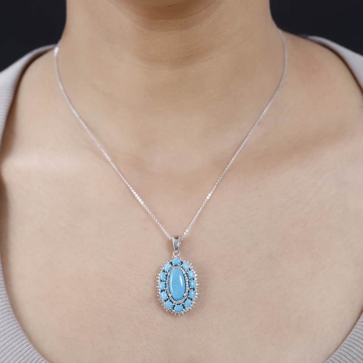 Premium Sleeping Beauty Turquoise and White Zircon Pendant Necklace 20 Inches in Platinum Over Sterling Silver 5.15 ctw image number 2