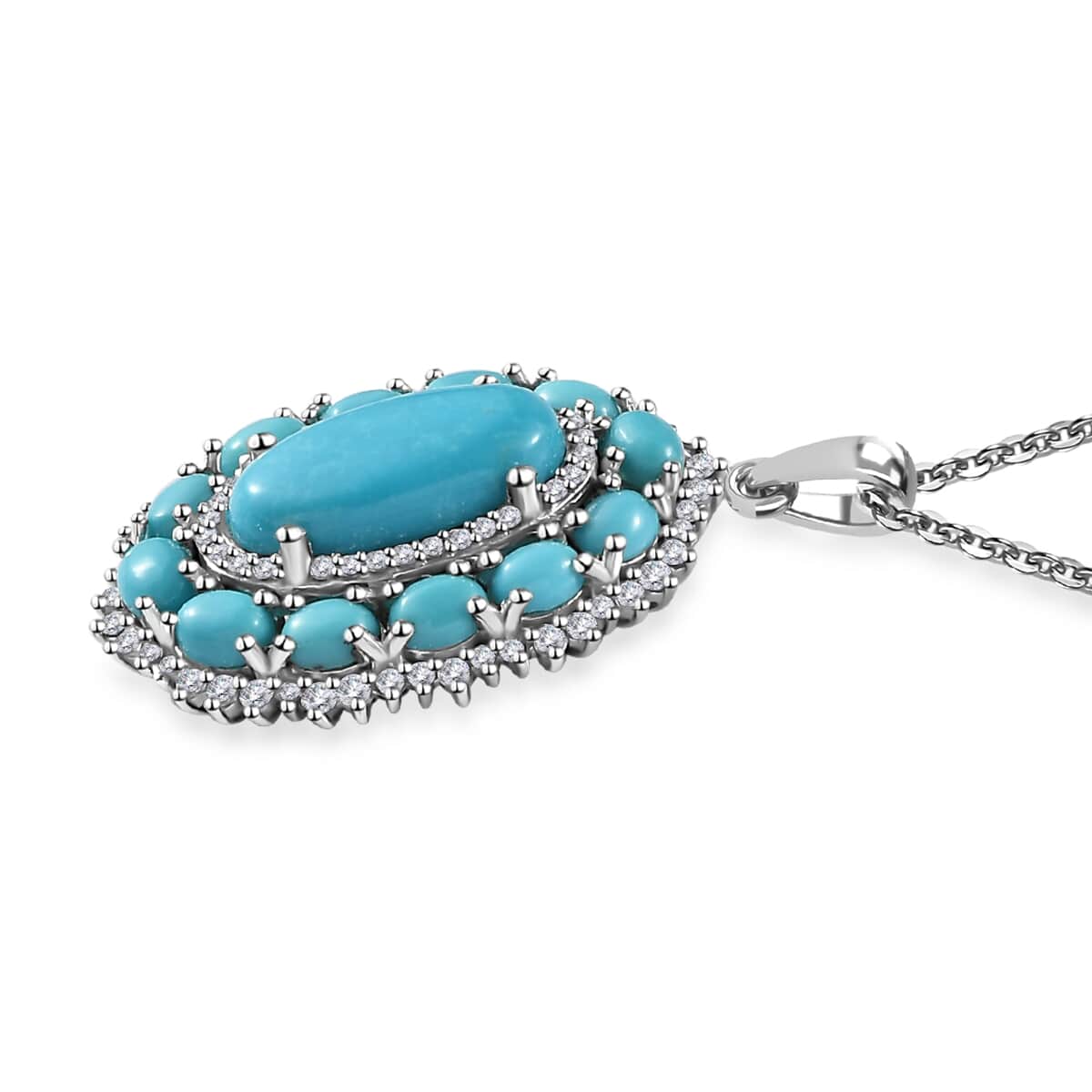 Premium Sleeping Beauty Turquoise and White Zircon Pendant Necklace 20 Inches in Platinum Over Sterling Silver 5.15 ctw image number 3