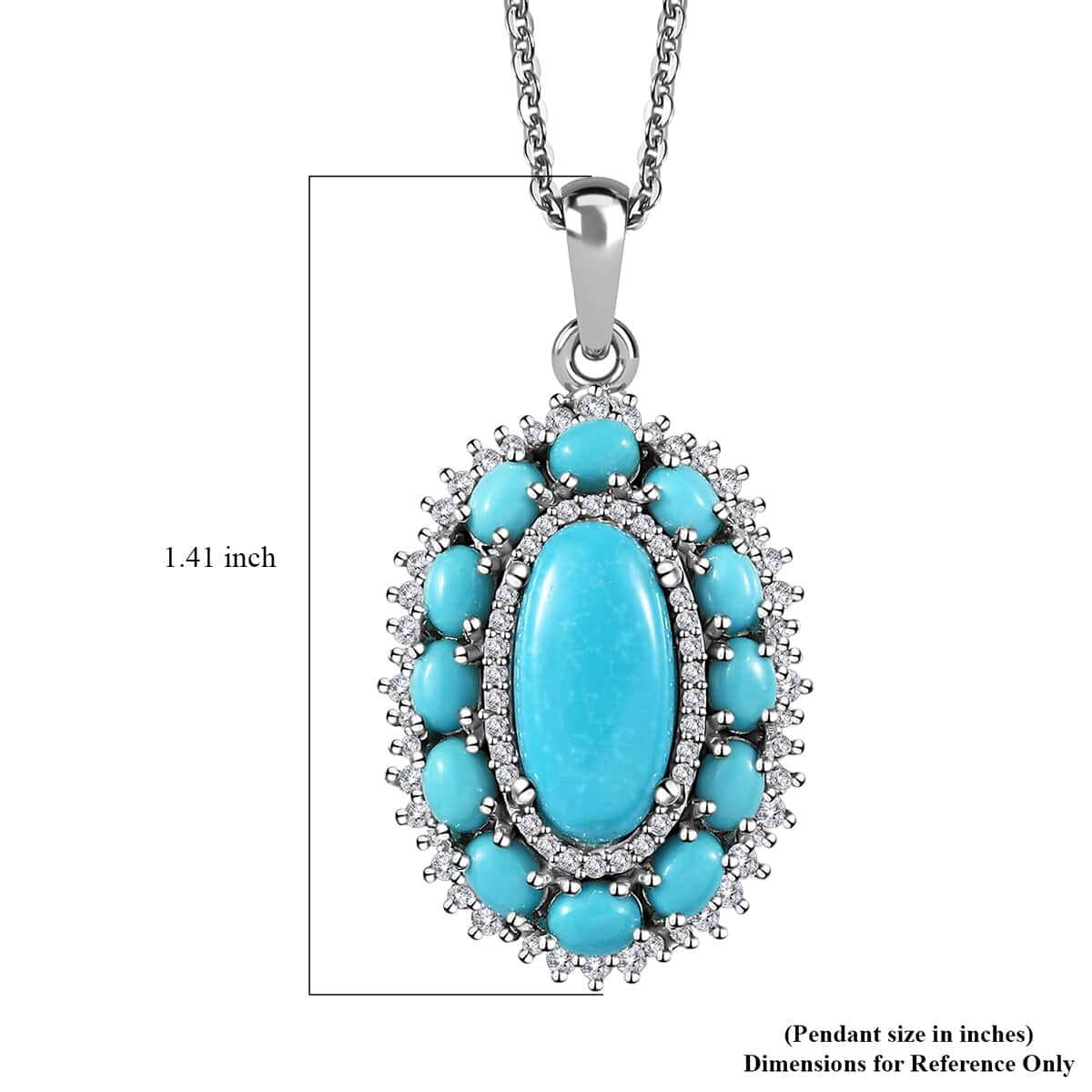 Premium Sleeping Beauty Turquoise and White Zircon Pendant Necklace 20 Inches in Platinum Over Sterling Silver 5.15 ctw image number 6