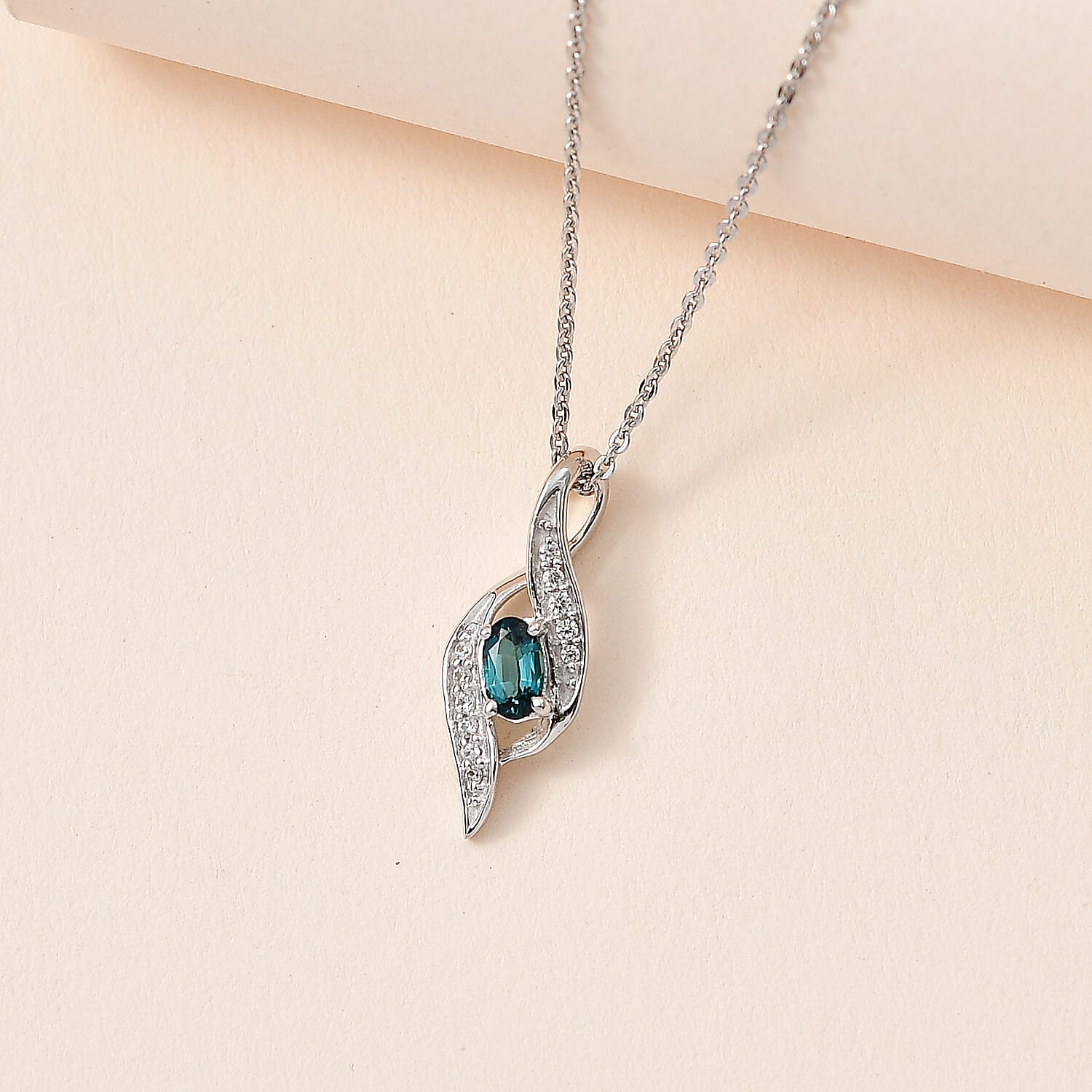 Monte Belo Indicolite and White Zircon Pendant Necklace 20 Inches in Platinum Over Sterling Silver 0.40 ctw