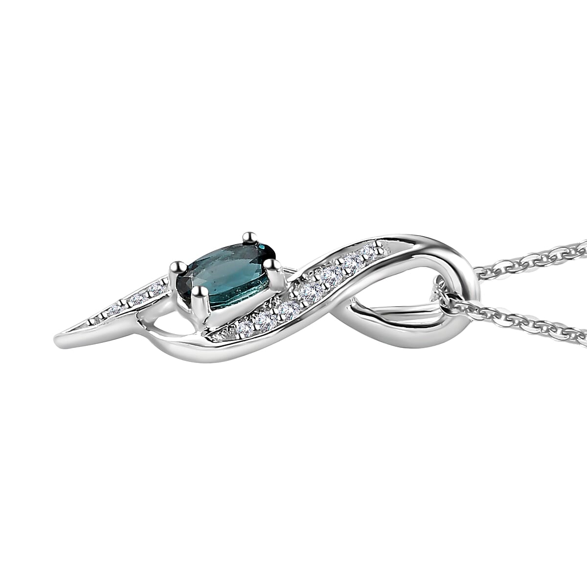 Monte Belo Indicolite and White Zircon Pendant Necklace 20 Inches in Platinum Over Sterling Silver 0.40 ctw