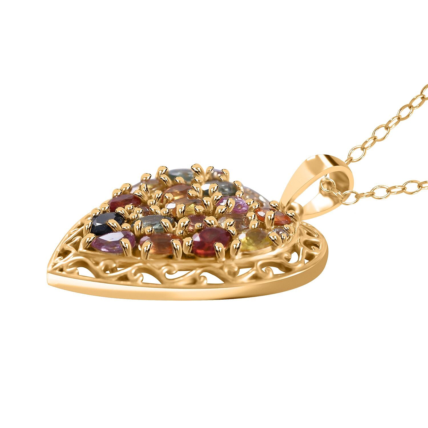 Rainbow Sapphire, Pink and Blue Sapphire Heart Pendant Necklace 18 Inches in Vermeil Yellow Gold Over Sterling Silver 3.50 ctw