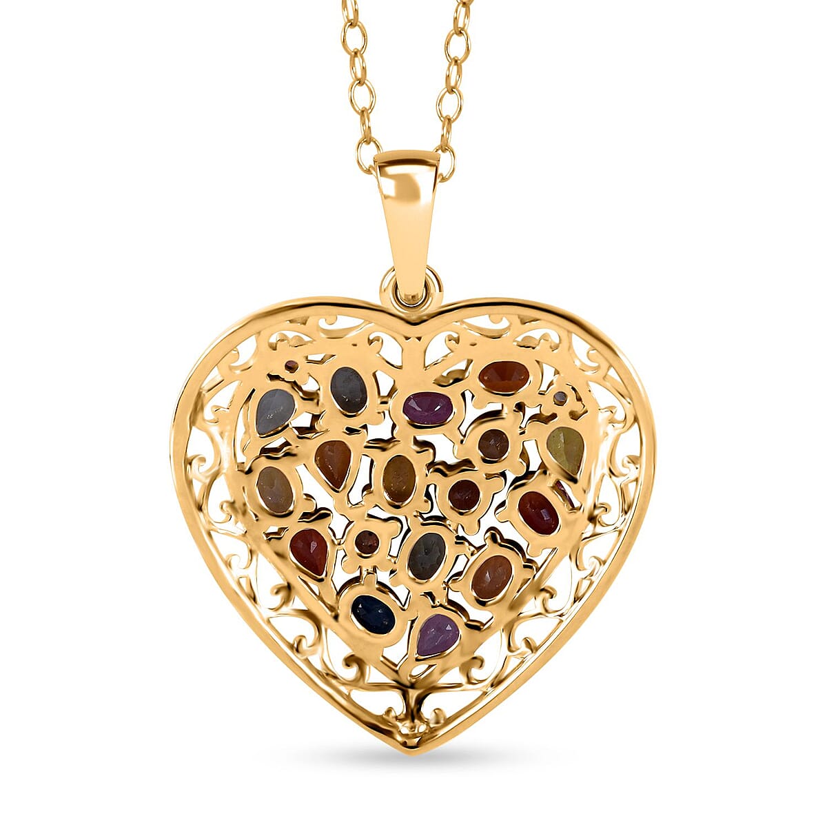 Rainbow Sapphire, Pink and Blue Sapphire Heart Pendant Necklace 18 Inches in Vermeil Yellow Gold Over Sterling Silver 3.50 ctw image number 3