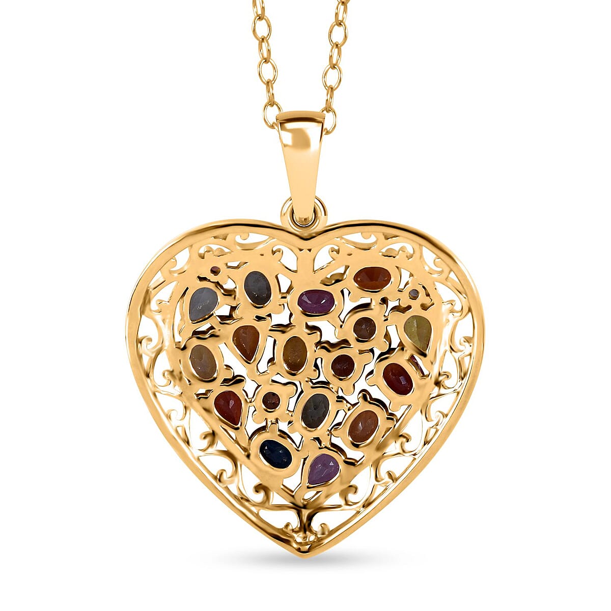 Mother’s Day Gift Rainbow Sapphire, Pink and Blue Sapphire Heart Pendant Necklace 18 Inches in Vermeil Yellow Gold Over Sterling Silver 3.50 ctw image number 3