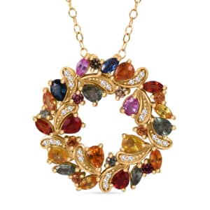 Rainbow Sapphire and White Zircon Wreath Pendant Necklace 18 Inches in Vermeil Yellow Gold Over Sterling Silver 3.50 ctw