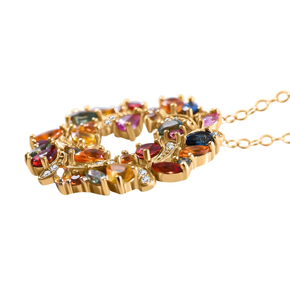 Rainbow Sapphire and White Zircon Wreath Pendant Necklace 18 Inches in Vermeil Yellow Gold Over Sterling Silver 3.50 ctw