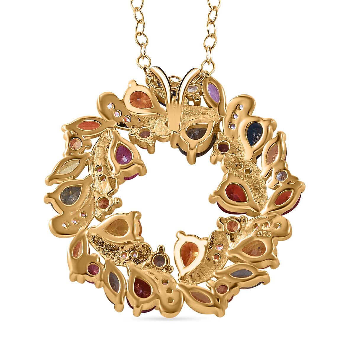 Rainbow Sapphire and White Zircon Wreath Pendant Necklace 18 Inches in Vermeil Yellow Gold Over Sterling Silver 3.50 ctw