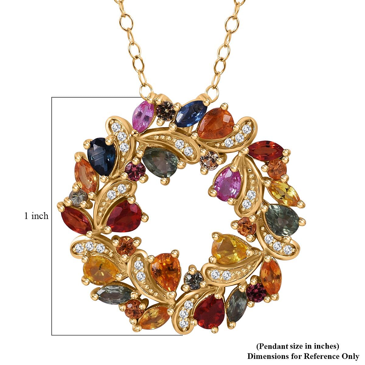 Rainbow Sapphire and White Zircon Wreath Pendant Necklace 18 Inches in Vermeil Yellow Gold Over Sterling Silver 3.50 ctw