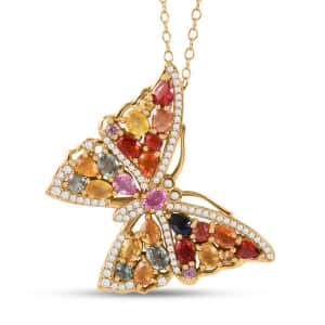 Rainbow Sapphire and Multi Gemstone Butterfly Pendant Necklace 18 Inches in Vermeil Yellow Gold Over Sterling Silver 5.50 ctw