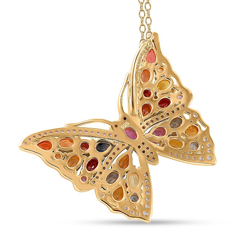 Rainbow Sapphire and Multi Gemstone Butterfly Pendant Necklace 18 Inches in Vermeil Yellow Gold Over Sterling Silver 5.50 ctw