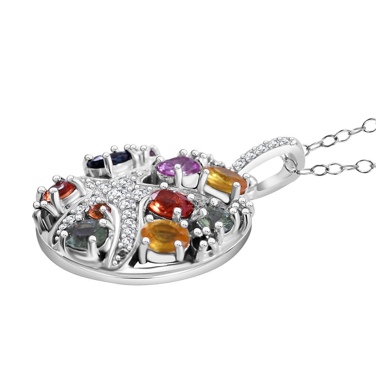 Rainbow Sapphire and White Zircon Star Fish Pendant Necklace 18 Inches in Platinum Over Sterling Silver 2.50 ctw image number 2