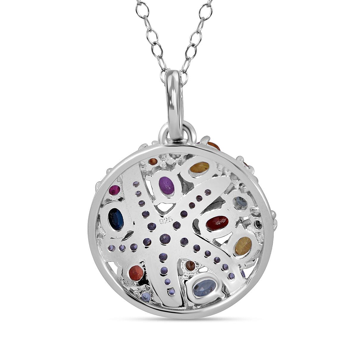 Rainbow Sapphire and White Zircon Star Fish Pendant Necklace 18 Inches in Platinum Over Sterling Silver 2.50 ctw image number 3