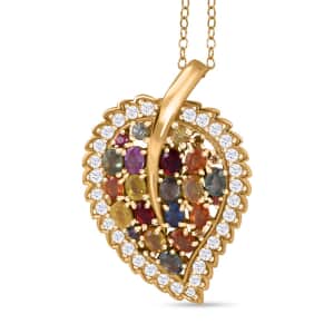 Rainbow Sapphire and Multi Gemstone Leaf Pendant Necklace 18 Inches in Vermeil Yellow Gold Over Sterling Silver 5.00 ctw