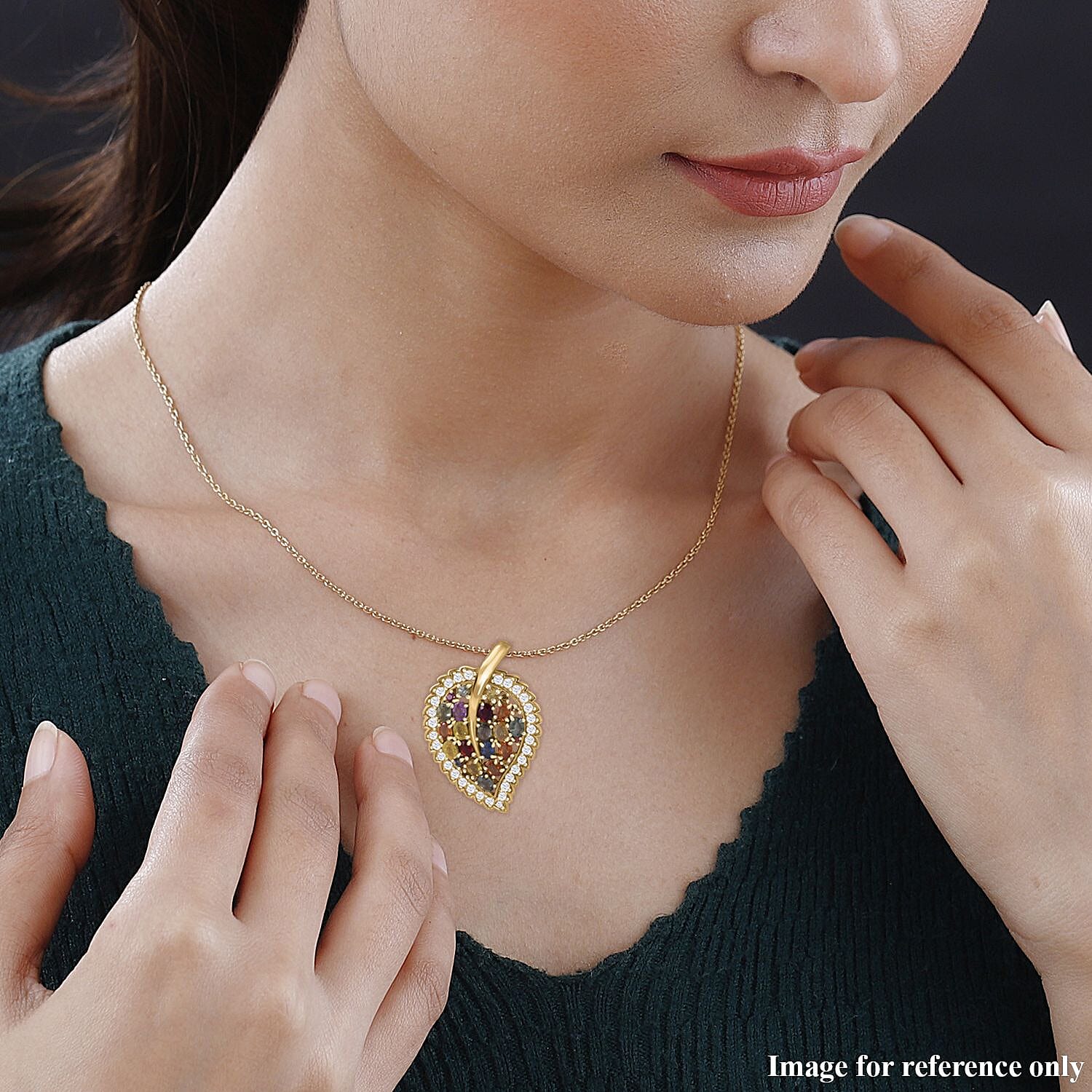 Rainbow Sapphire and Multi Gemstone Leaf Pendant Necklace 18 Inches in Vermeil Yellow Gold Over Sterling Silver 5.00 ctw