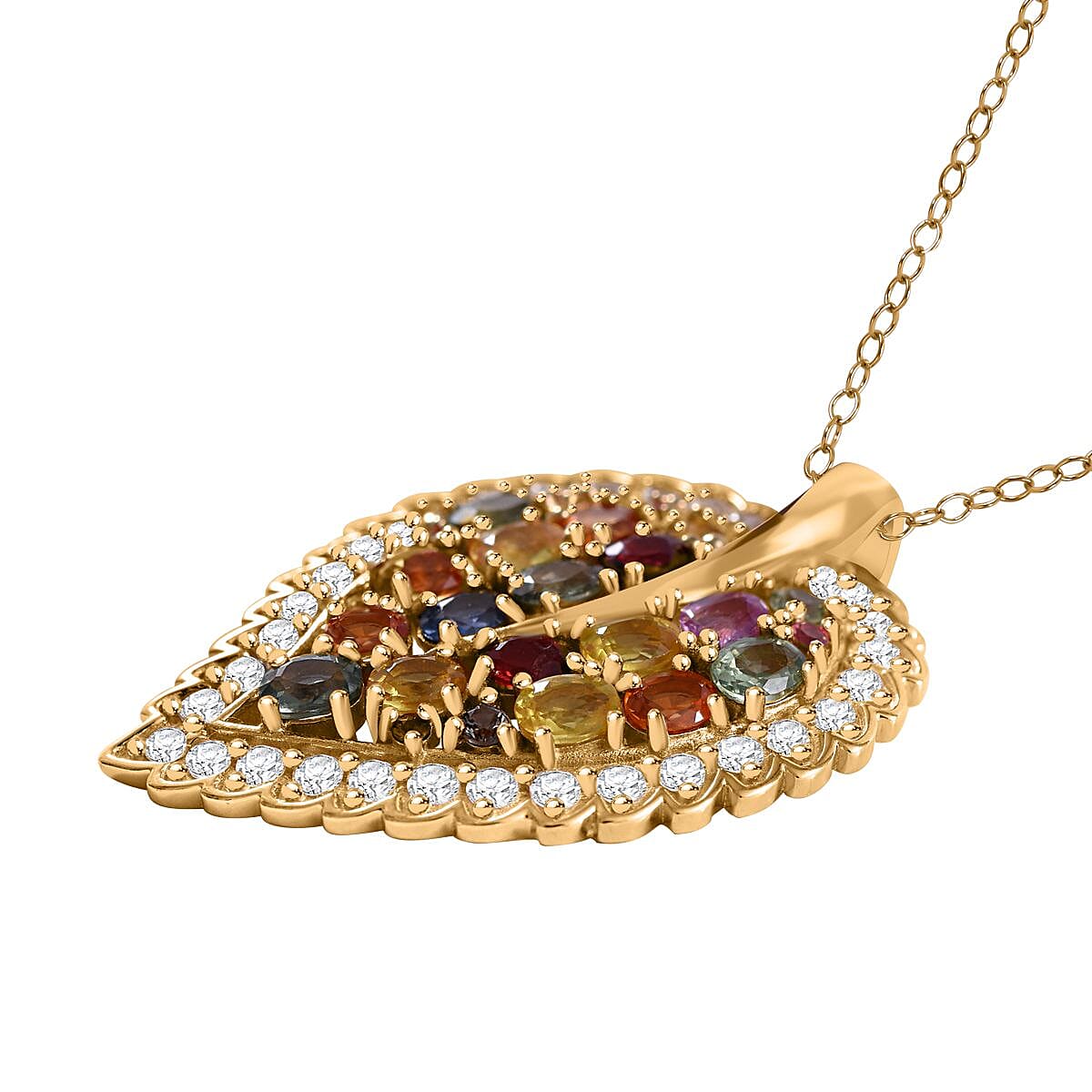 Rainbow Sapphire and Multi Gemstone Leaf Pendant Necklace 18 Inches in Vermeil Yellow Gold Over Sterling Silver 5.00 ctw