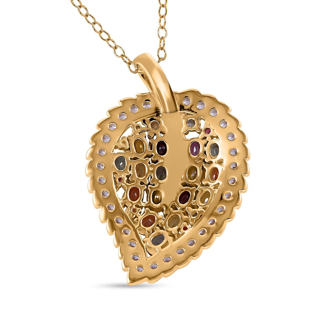 Rainbow Sapphire and Multi Gemstone Leaf Pendant Necklace 18 Inches in Vermeil Yellow Gold Over Sterling Silver 5.00 ctw