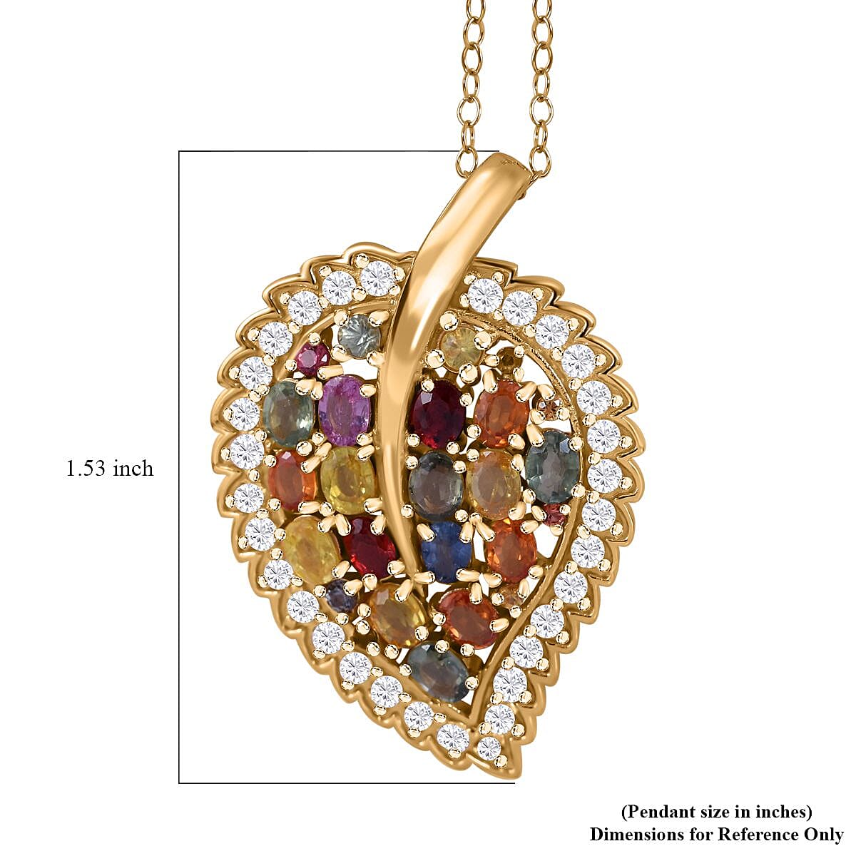 Rainbow Sapphire and Multi Gemstone Leaf Pendant Necklace 18 Inches in Vermeil Yellow Gold Over Sterling Silver 5.00 ctw