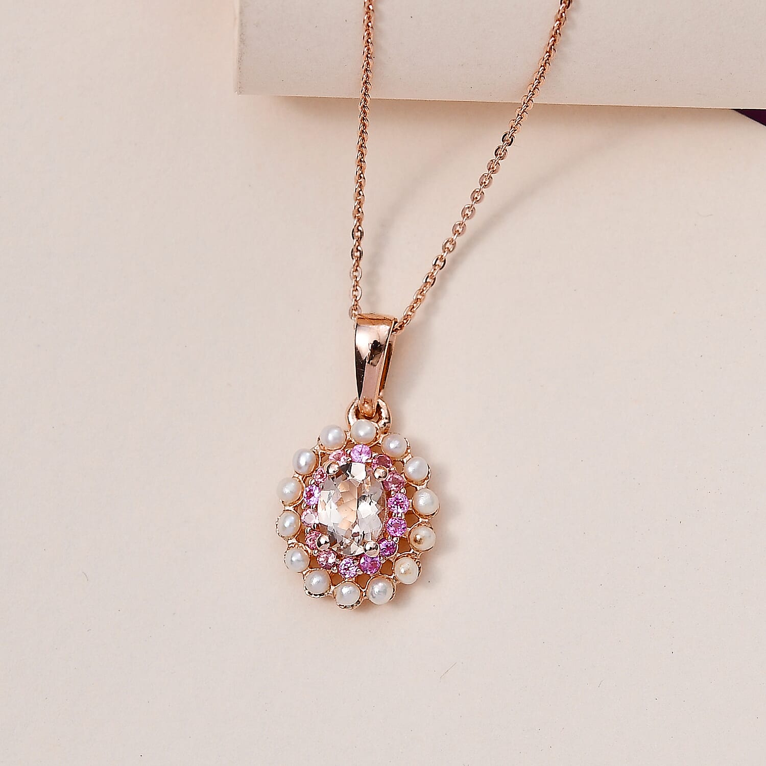 Premium Marropino Morganite, Multi Gemstone Floral Pendant Necklace (20 Inches) in Vermeil RG Over Sterling Silver
