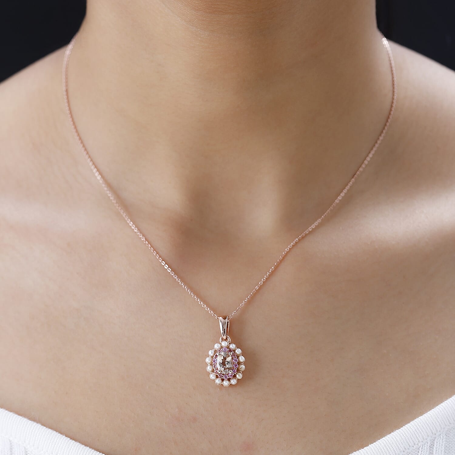 Premium Marropino Morganite, Multi Gemstone Floral Pendant Necklace (20 Inches) in Vermeil RG Over Sterling Silver