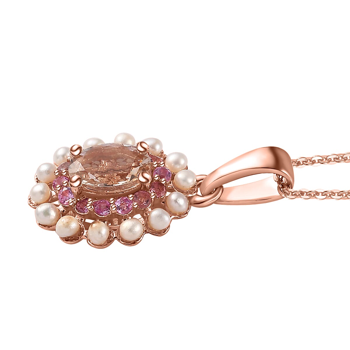 Premium Marropino Morganite, Multi Gemstone Floral Pendant Necklace (20 Inches) in Vermeil RG Over Sterling Silver