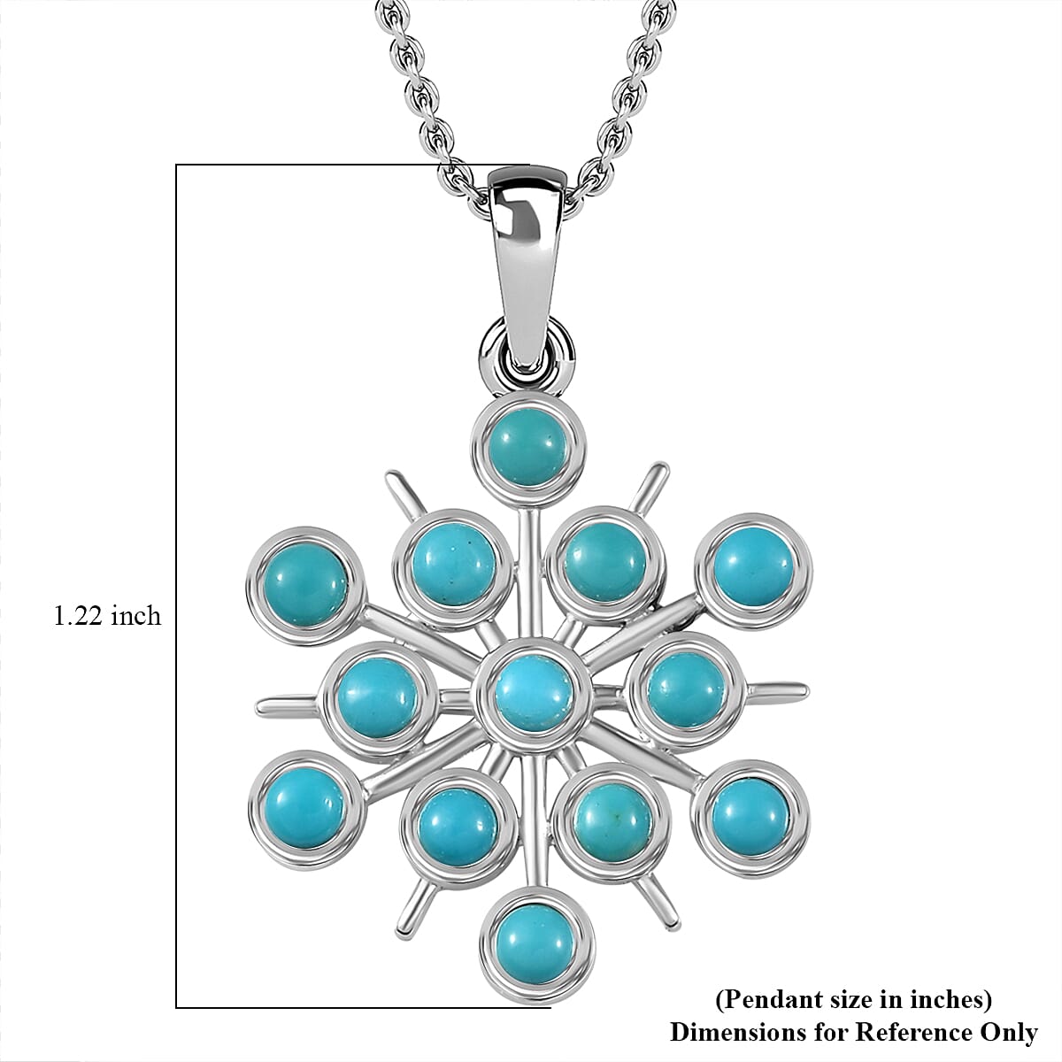 Sleeping Beauty Turquoise Snowflake Pendant in Sterling Silver with Stainless Steel Necklace 20 Inches 1.00 ctw