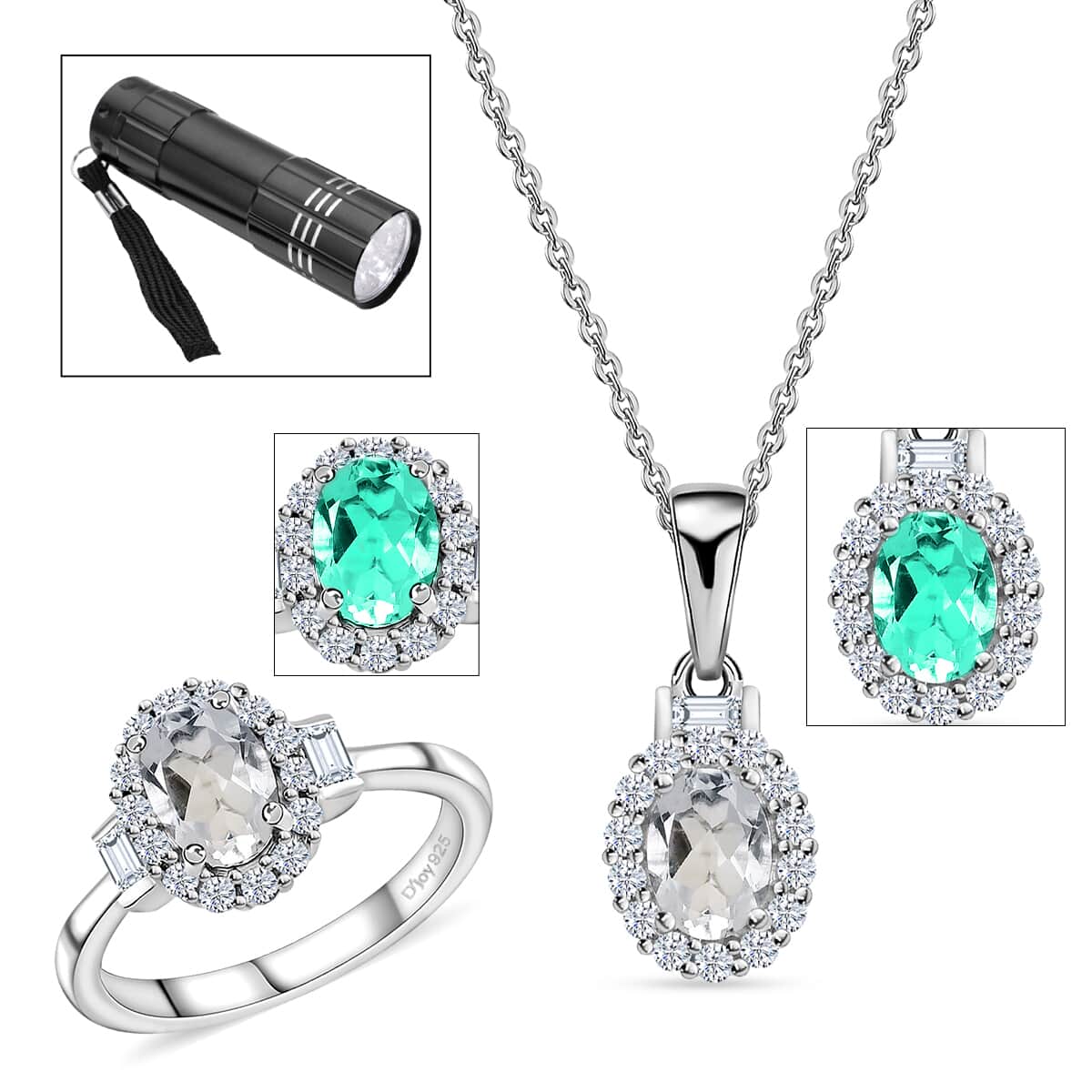 Mexican Hyalite Opal and White Zircon Halo Ring (Size 6.0) and Pendant Necklace 20 Inches in Platinum Over Sterling Silver with Free UV Flash Light 2.00 ctw image number 0