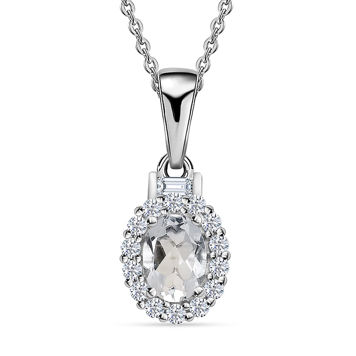Mexican Hyalite Opal and White Zircon Halo Ring (Size 6.0) and Pendant Necklace 20 Inches in Platinum Over Sterling Silver with Free UV Flash Light 2.00 ctw
