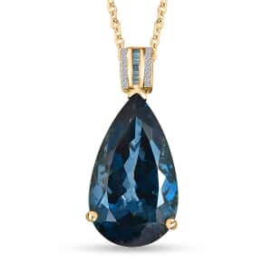 London Blue Topaz, Blue Diamond and Diamond Pendant Necklace 20 Inches in Vermeil Yellow Gold Over Sterling Silver 26.40 ctw