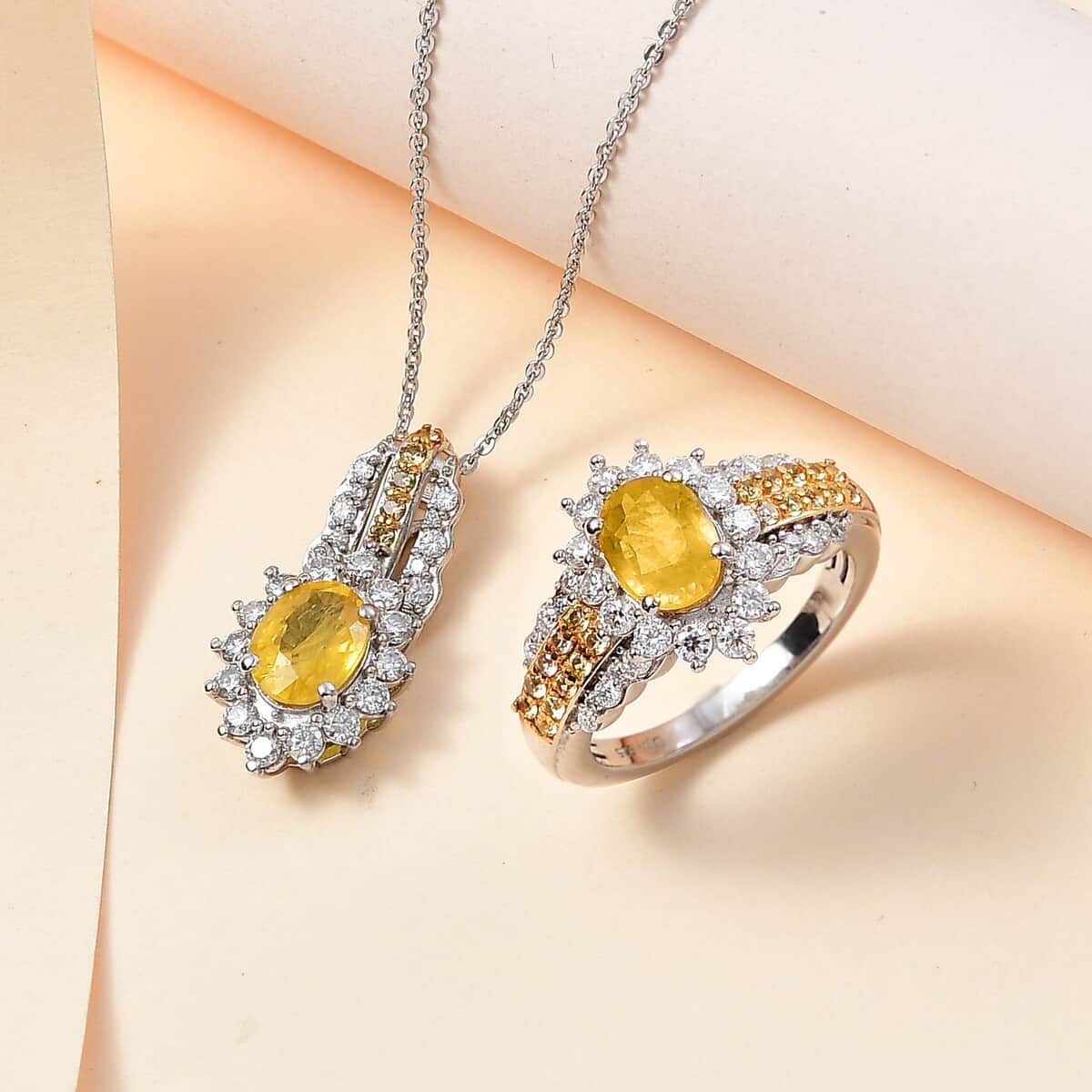 Madagascar Yellow Sapphire and Multi Gemstone Sunrays Pendant Necklace 20 Inches in Platinum Over Sterling Silver 2.40 ctw image number 1