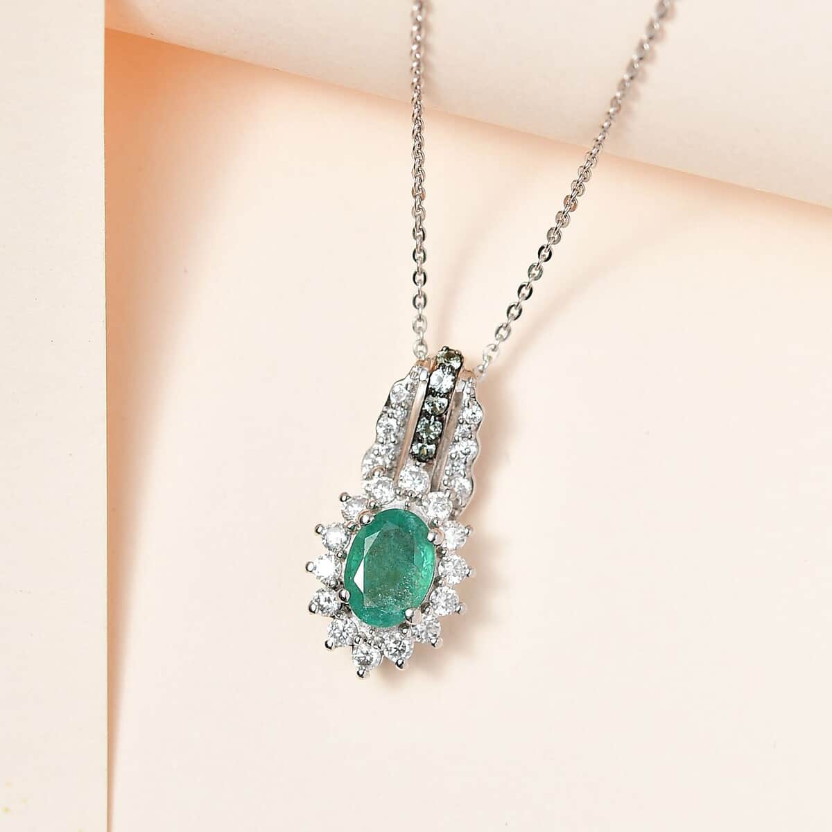 Kagem Zambian Emerald and Multi Gemstone Sunrays Pendant Necklace 20 Inches in Platinum Over Sterling Silver 1.75 ctw image number 1