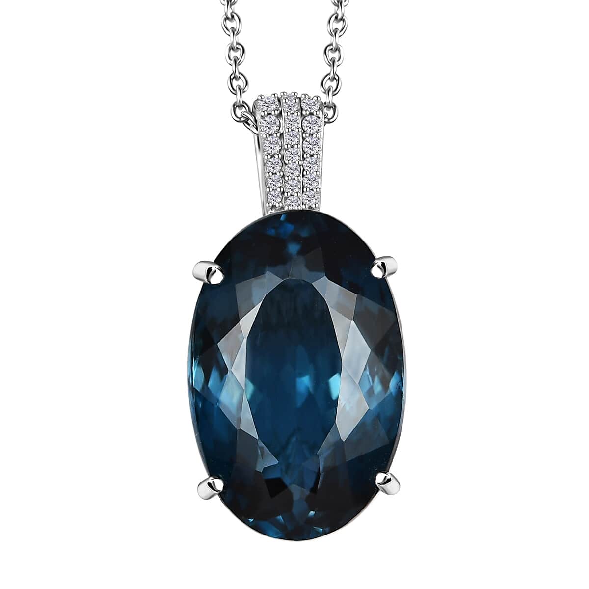 London Blue Topaz and Diamond Pendant Necklace 20 Inches in Platinum Over Sterling Silver 25.10 ctw image number 0