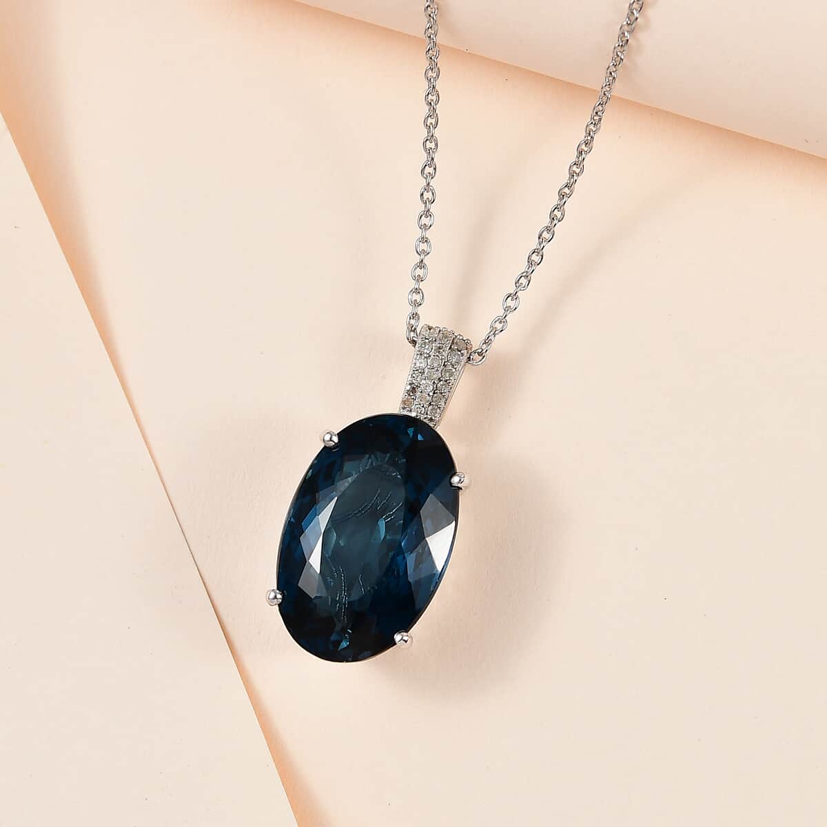 London Blue Topaz and Diamond Pendant Necklace 20 Inches in Platinum Over Sterling Silver 25.10 ctw image number 1