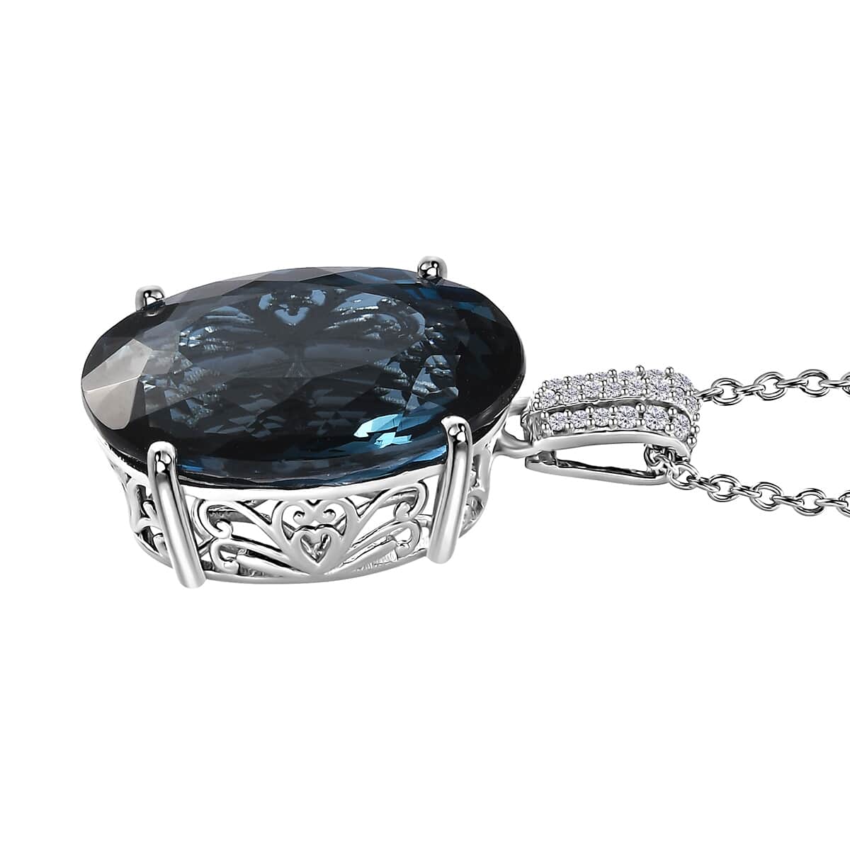 London Blue Topaz and Diamond Pendant Necklace 20 Inches in Platinum Over Sterling Silver 25.10 ctw image number 3