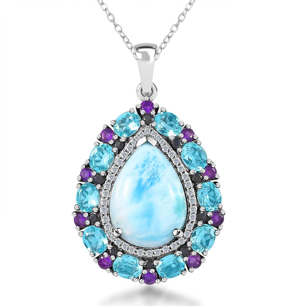 Larimar and Multi Gemstone Cocktail Pendant Necklace 20 Inches in Platinum Over Sterling Silver 17.50 ctw image number 0