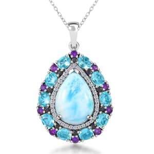 Larimar and Multi Gemstone Cocktail Pendant Necklace 20 Inches in Platinum Over Sterling Silver 17.50 ctw