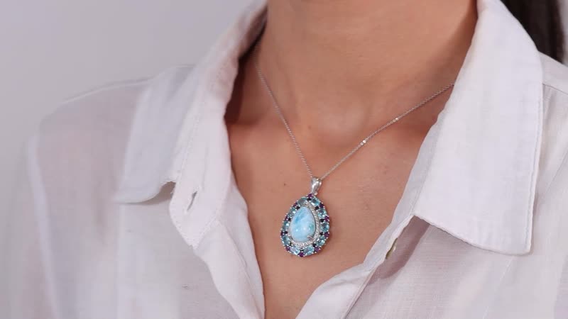 Larimar and Multi Gemstone 17.50 ctw Cocktail Pendant Necklace in Platinum Over Sterling Silver 20 Inches
