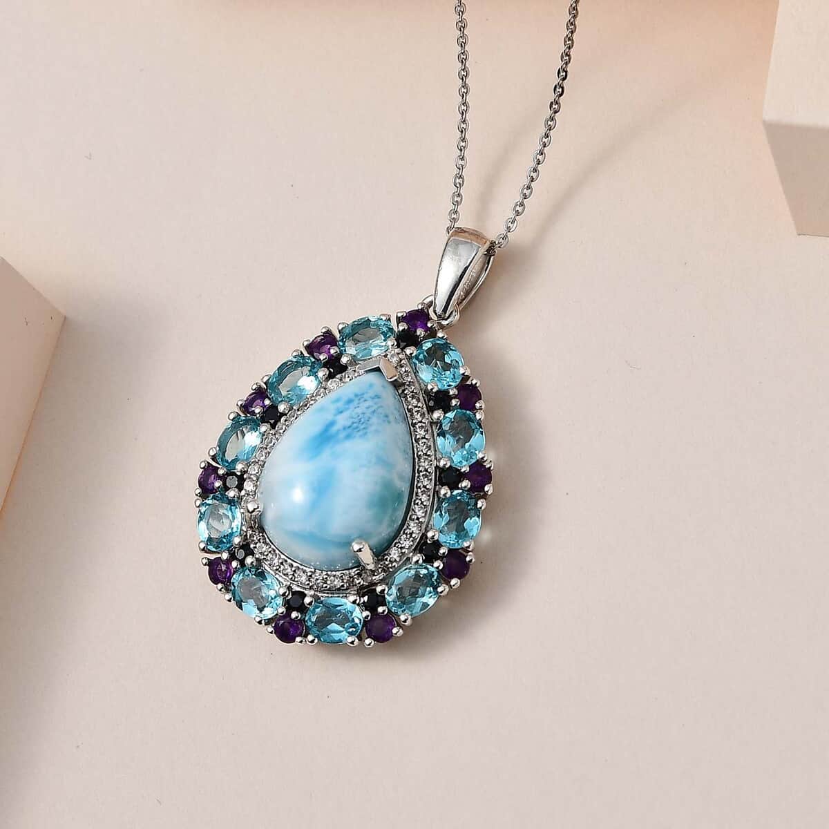 Larimar and Multi Gemstone Cocktail Pendant Necklace 20 Inches in Platinum Over Sterling Silver 17.50 ctw image number 1